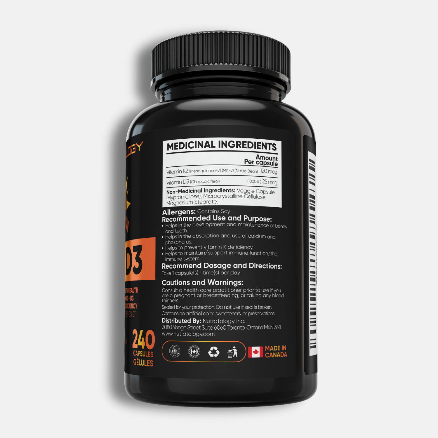 Nutratology Highest Potency Vitamin K2+D3 - 240 Capsules