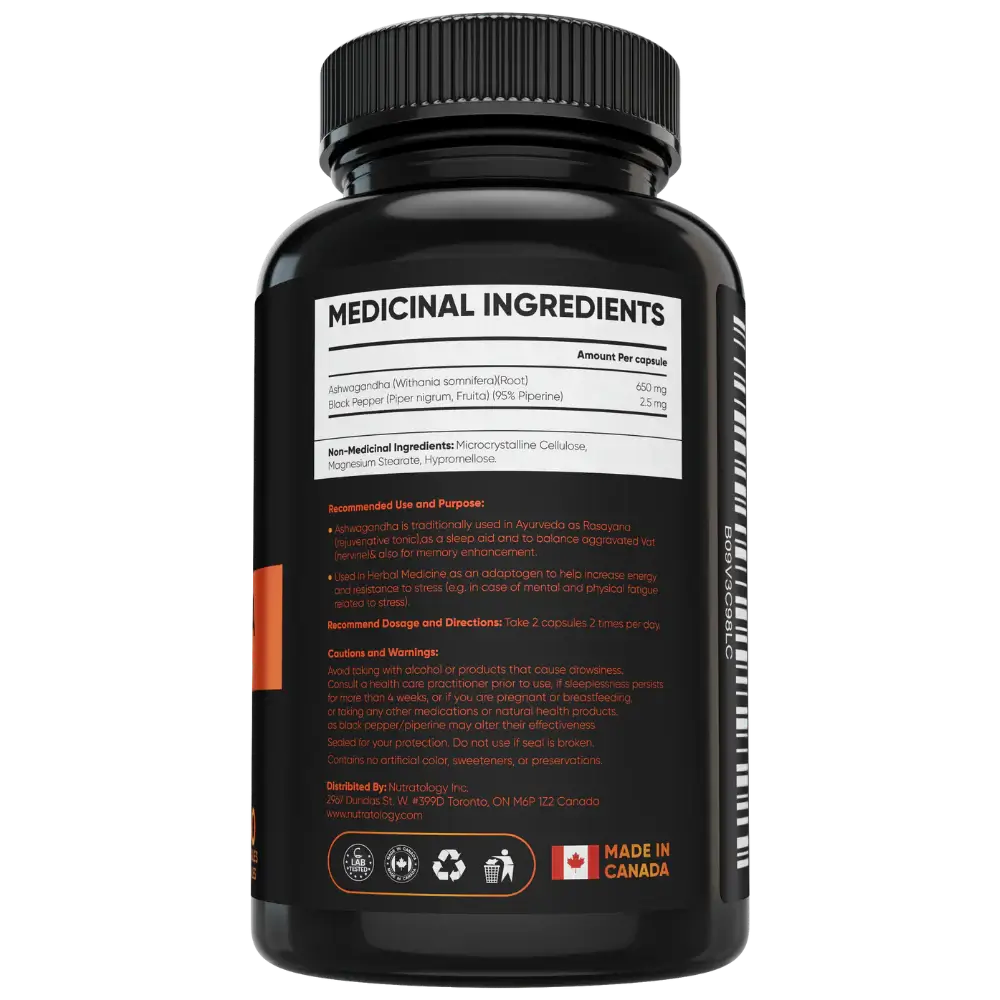 Nutratology Organic Ashwagandha with Black Pepper - 60 Capsules - ingredients
