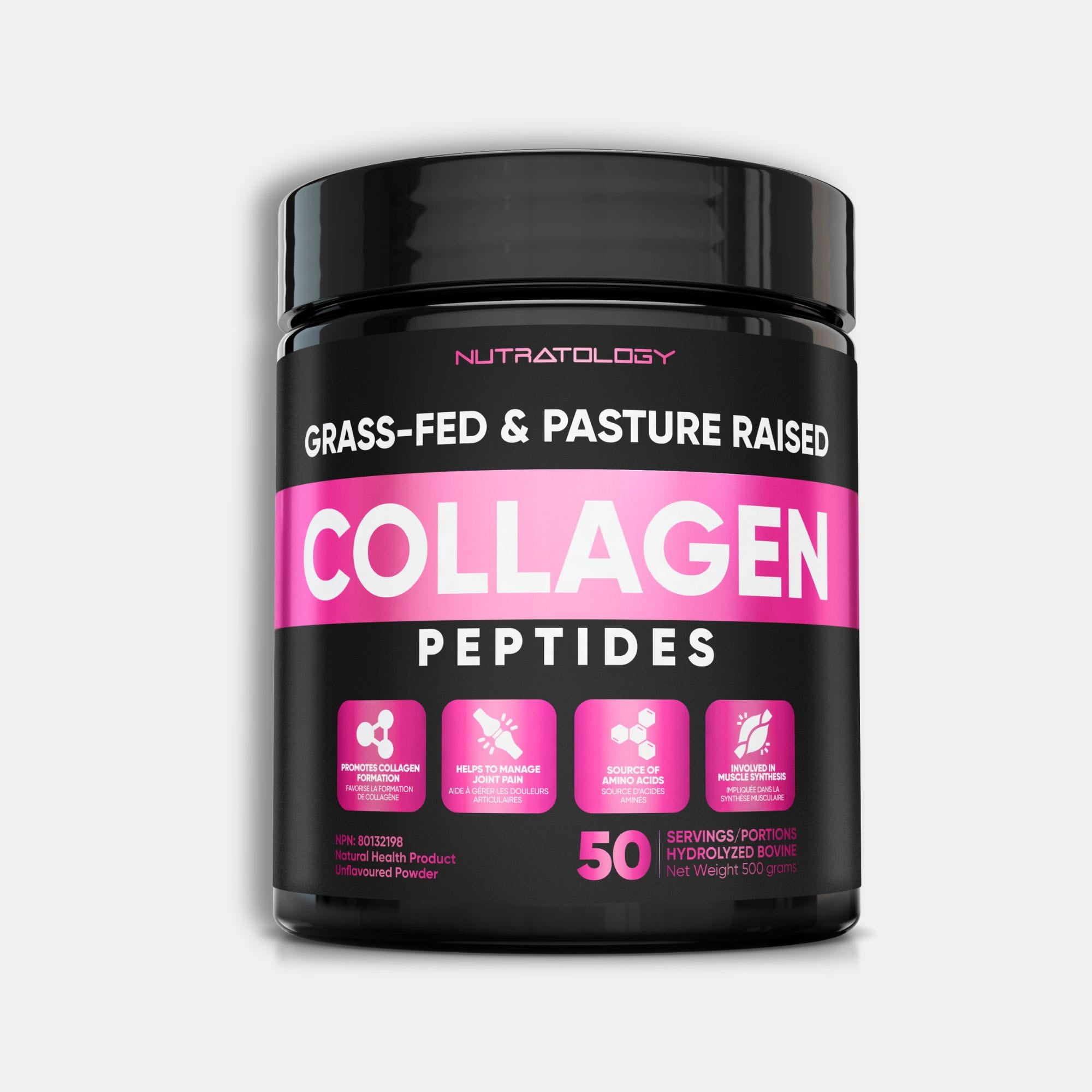 Black container of Nutratology collagen peptides with pink label on a gray background