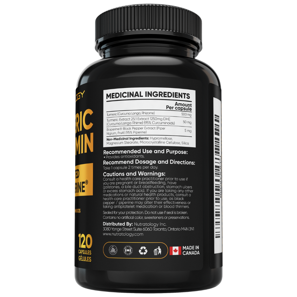 Nutratology Organic Turmeric Curcumin Supplement - Bioperine Supplement - Turmeric With Black Pepper