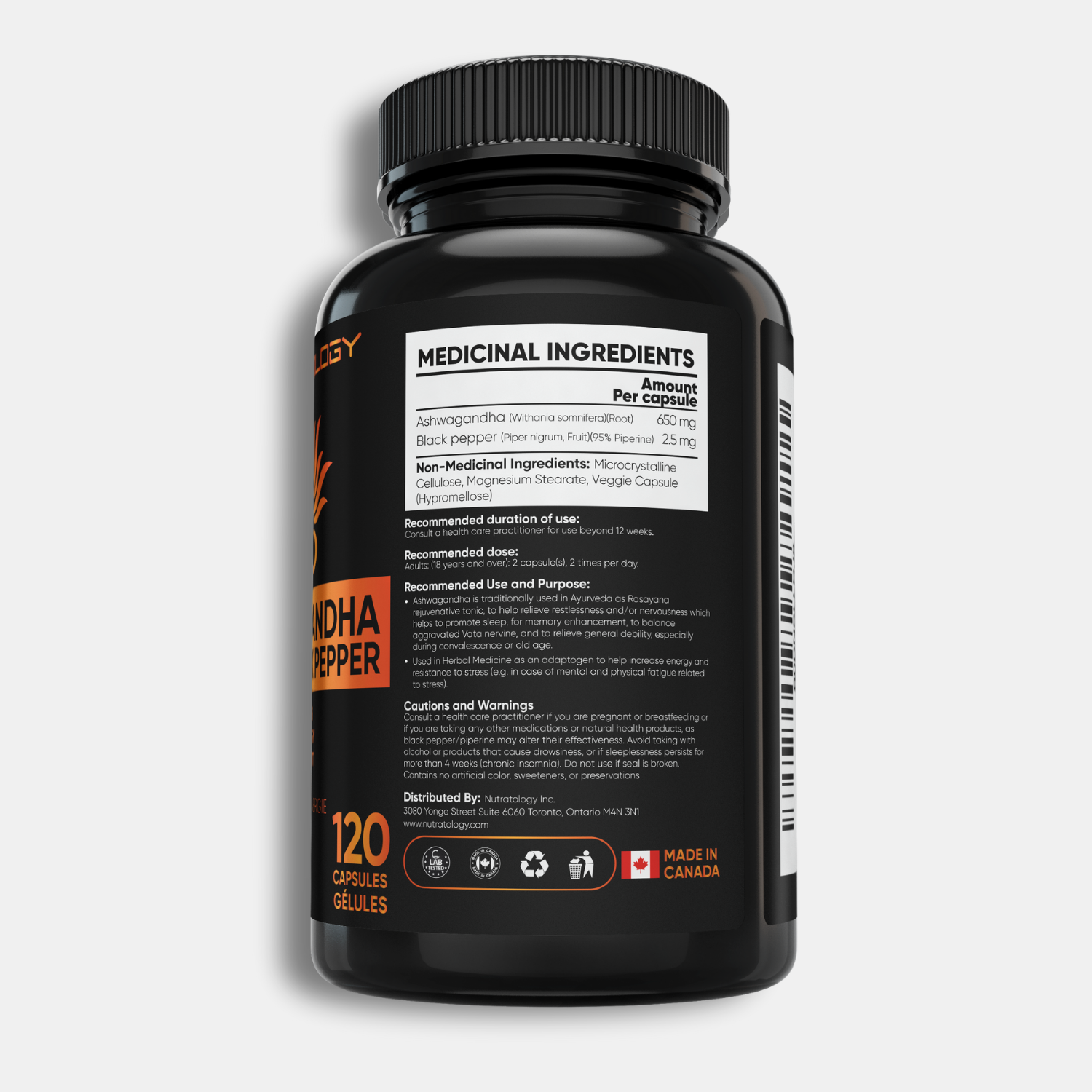 Nutratology Organic Ashwagandha with Black Pepper - 120 Capsules