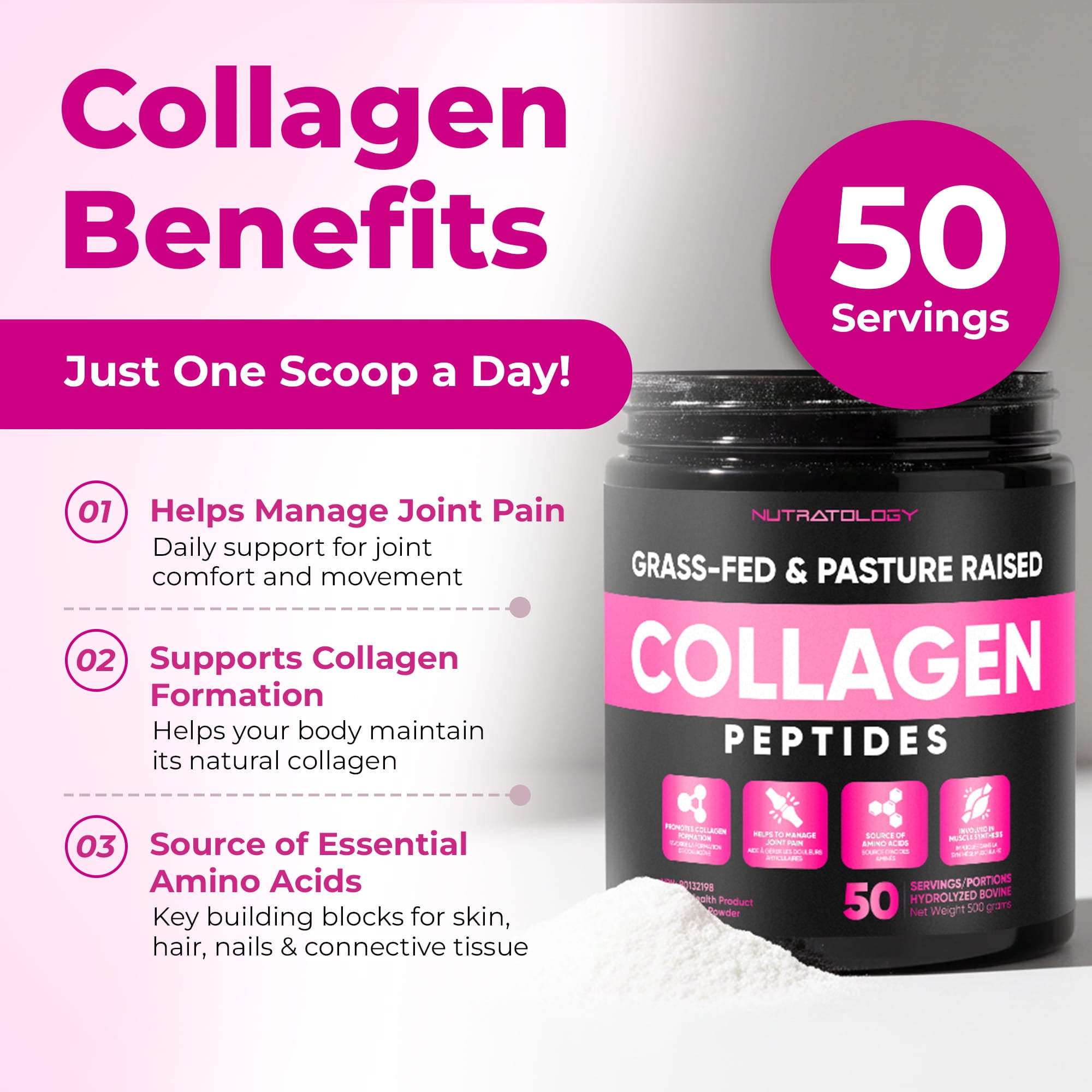 Collagen peptides container with benefits listed on a white background