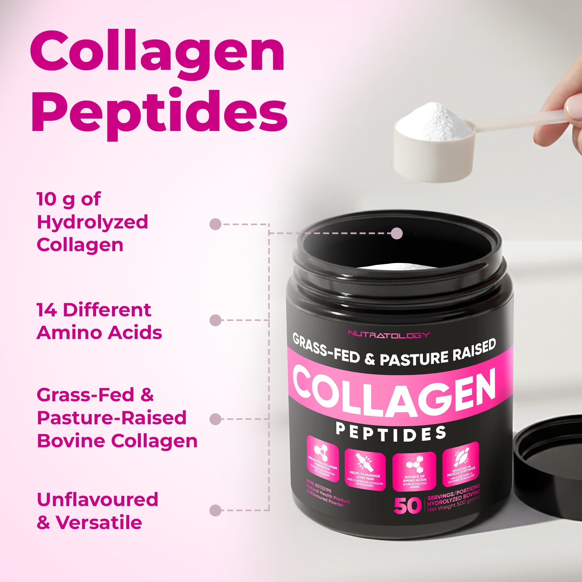 Collagen peptides container with a scoop of powder, labeled with nutritional information.