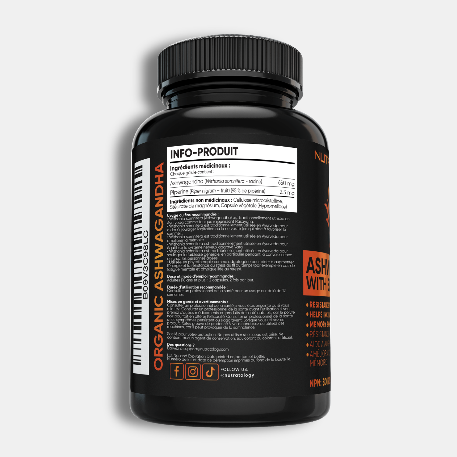 Nutratology Organic Ashwagandha with Black Pepper - 240 Capsules