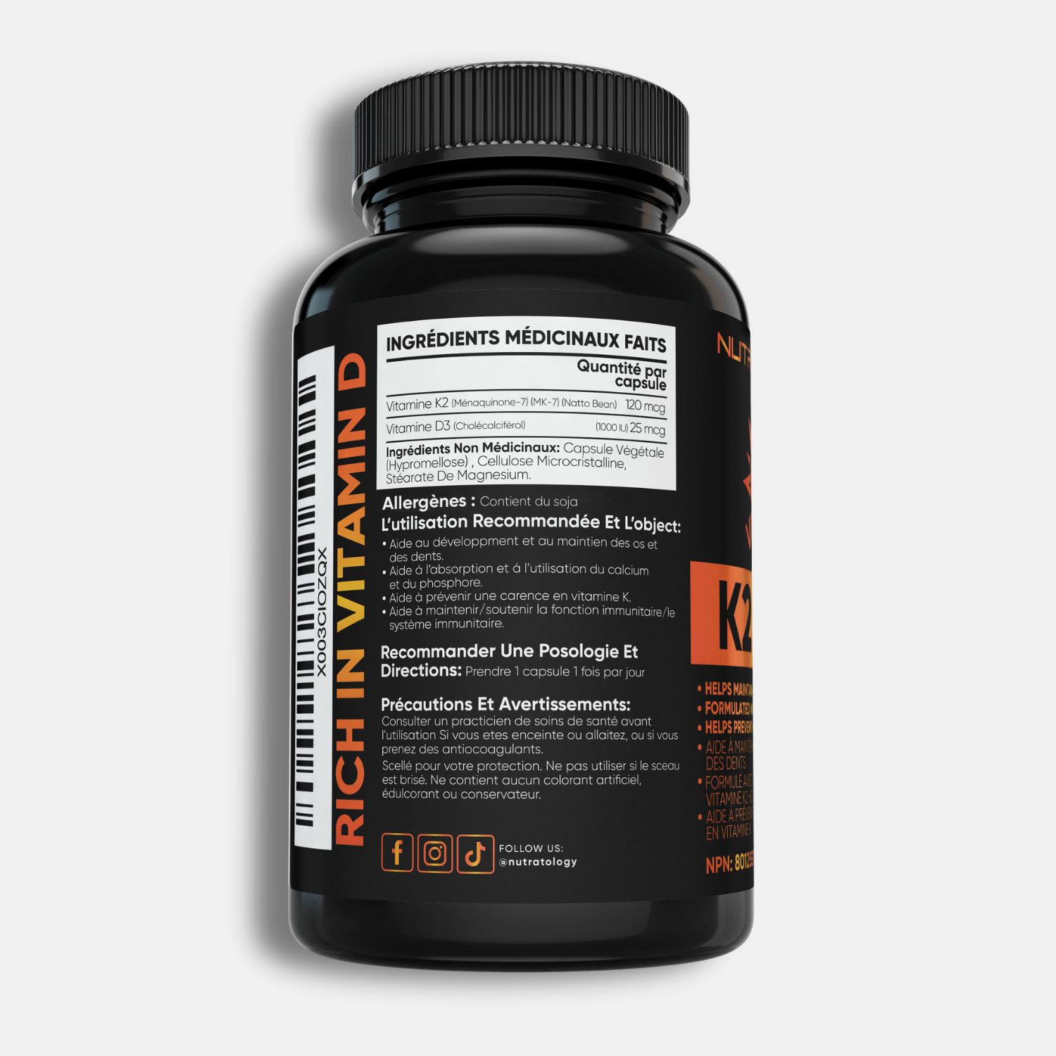 Nutratology Highest Potency Vitamin K2+D3 - 120 Capsules