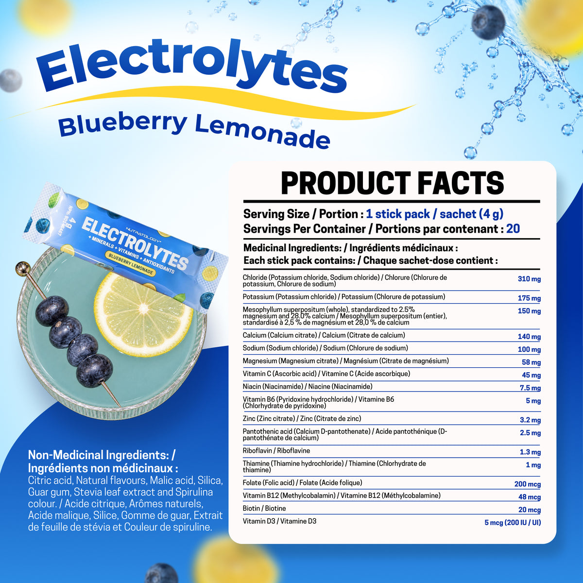 Nutratology Electrolytes Powder Blueberry Lemonade, 20 Sticks