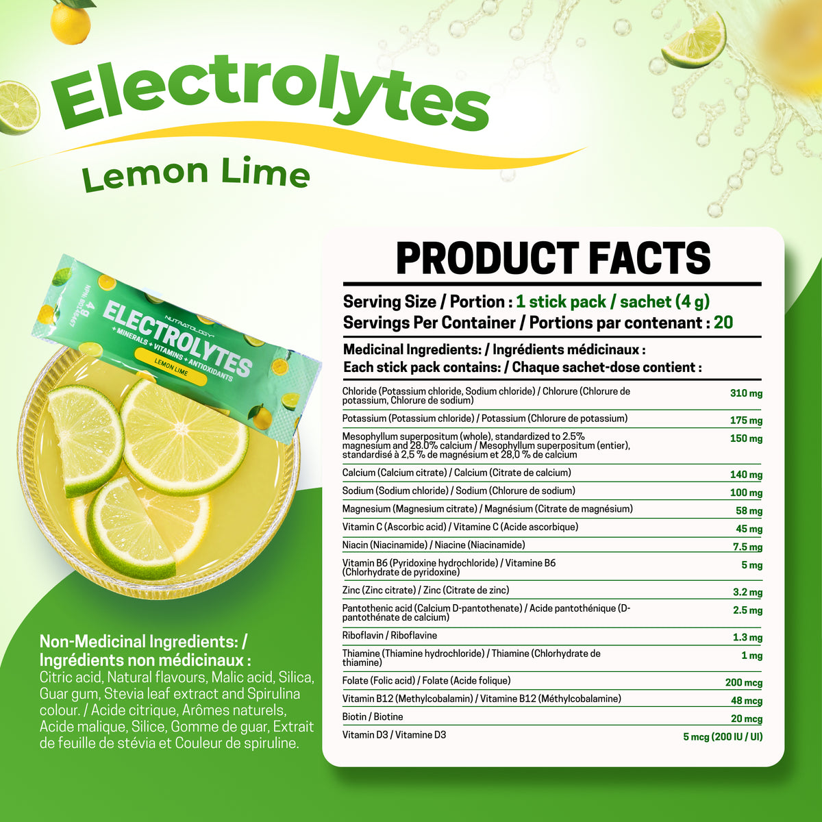 Nutratology Poudre d'électrolytes citron-citron vert, 20 sticks