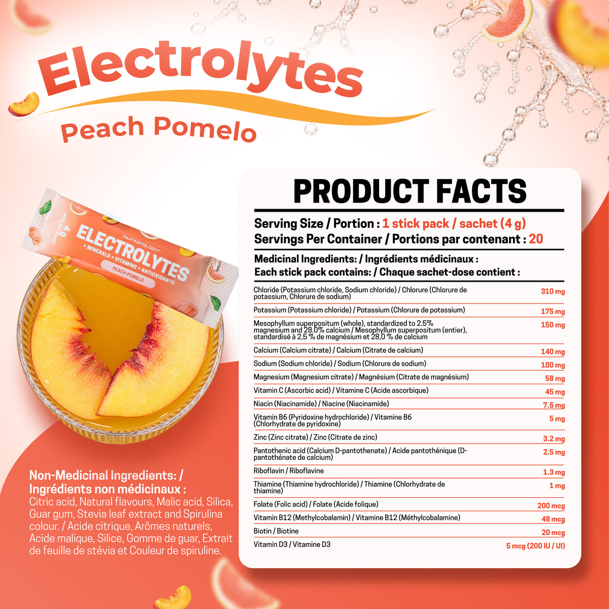 Nutratology Electrolytes Powder Peach Pomelo, 20 Sticks