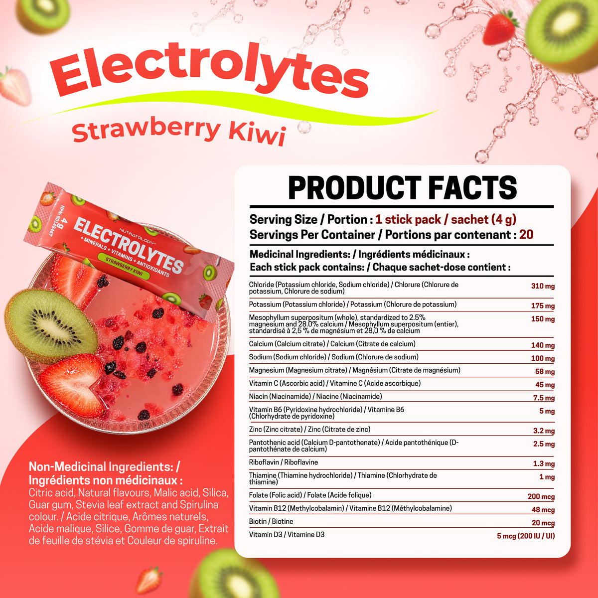 Nutratology Electrolytes Powder Strawberry Kiwi, 20 Sticks