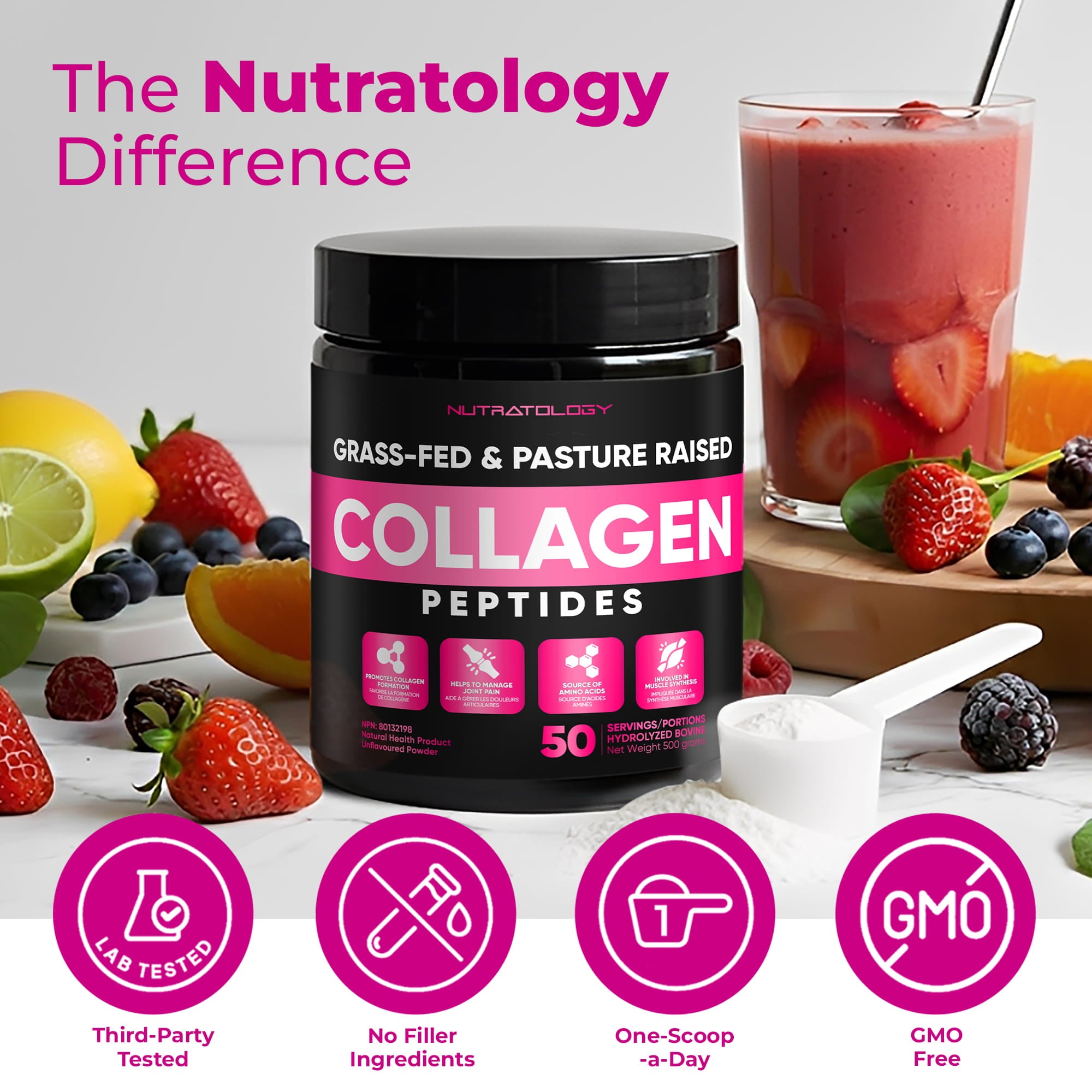 Collagen peptides container with fruits and a smoothie on a white background, featuring Nutratology branding.