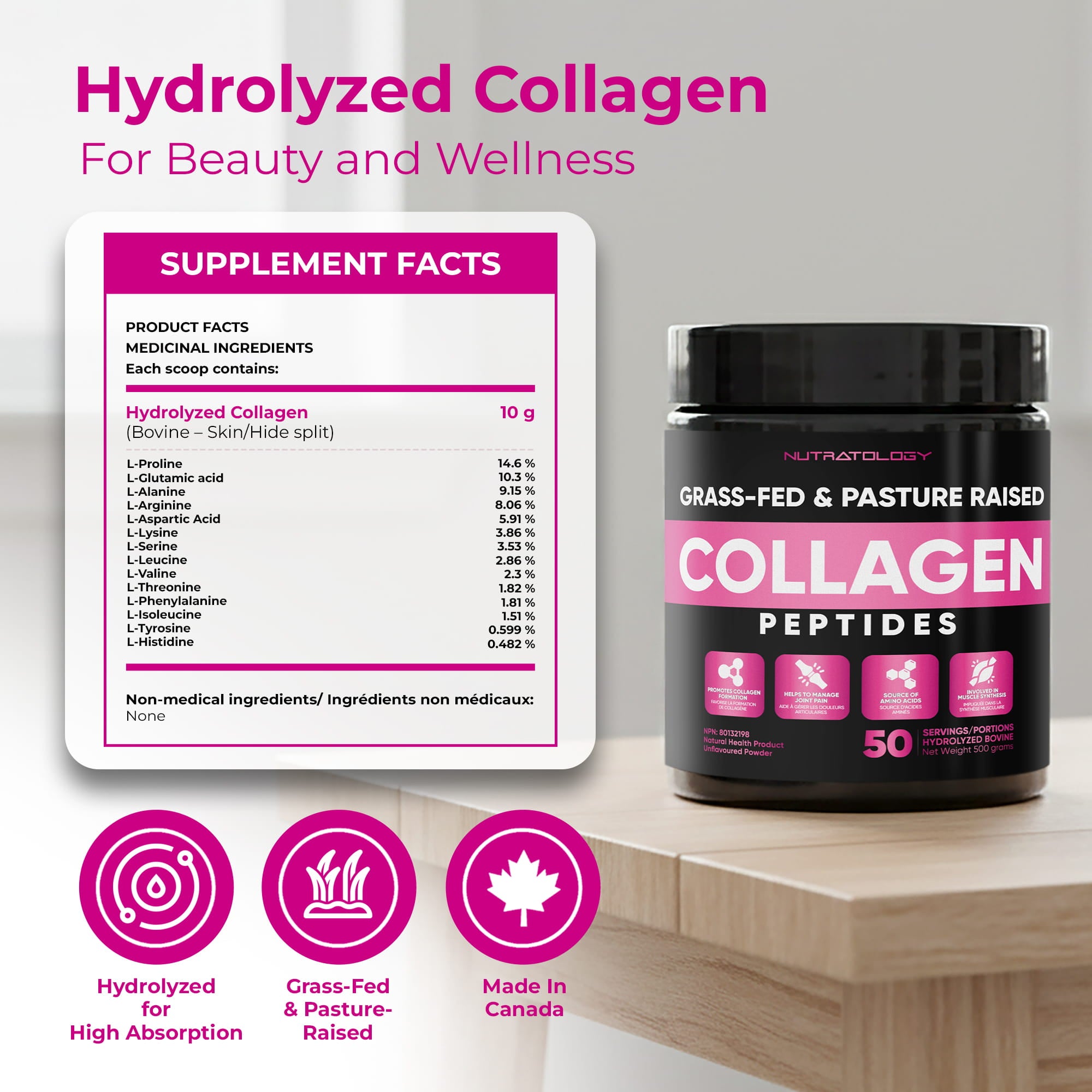 Collagen peptides supplement with label and branding on a neutral background