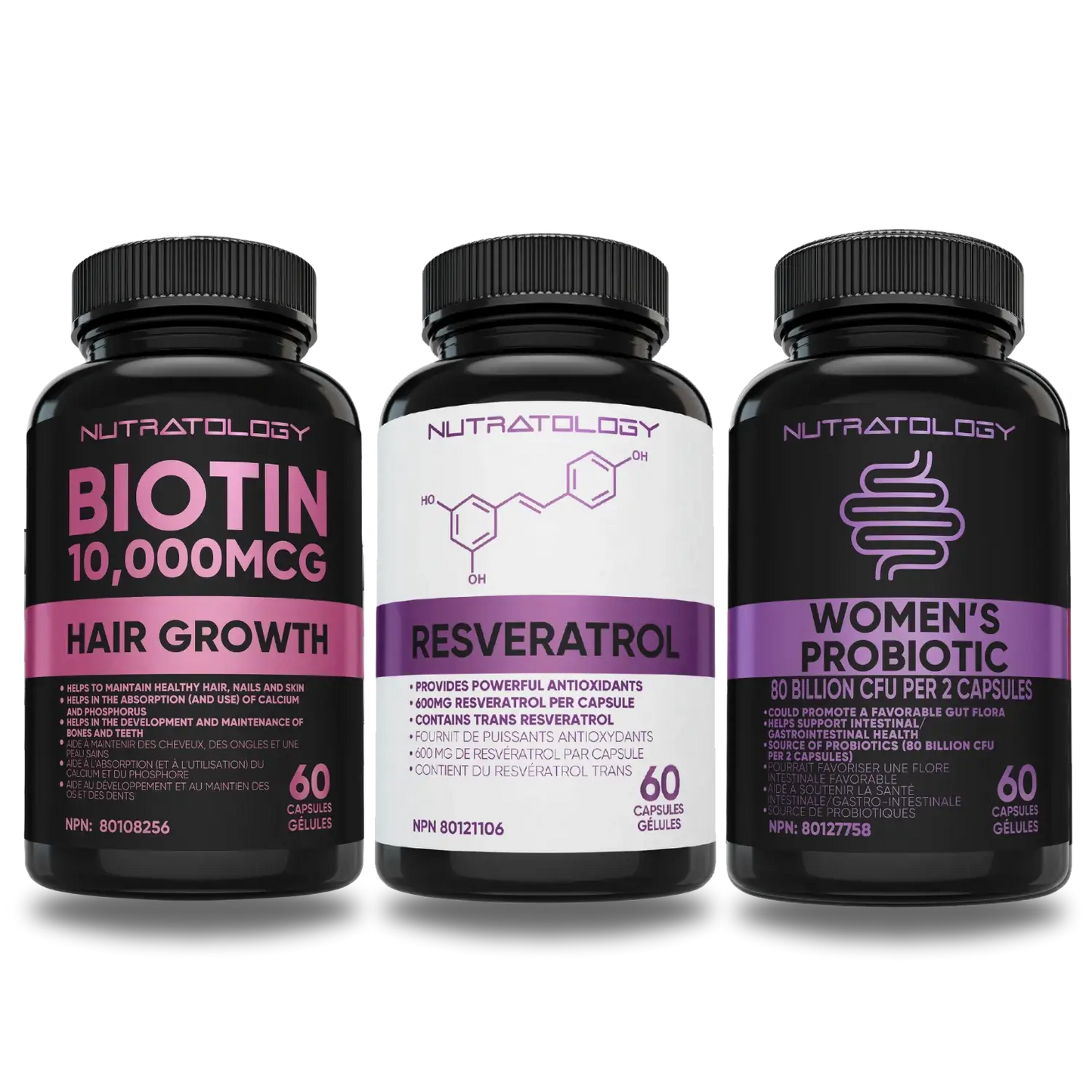 Nutratology Supplement Bundle For Her - Biotin Supplement - Resveratrol Supplement - Women's Probiotic Supplement