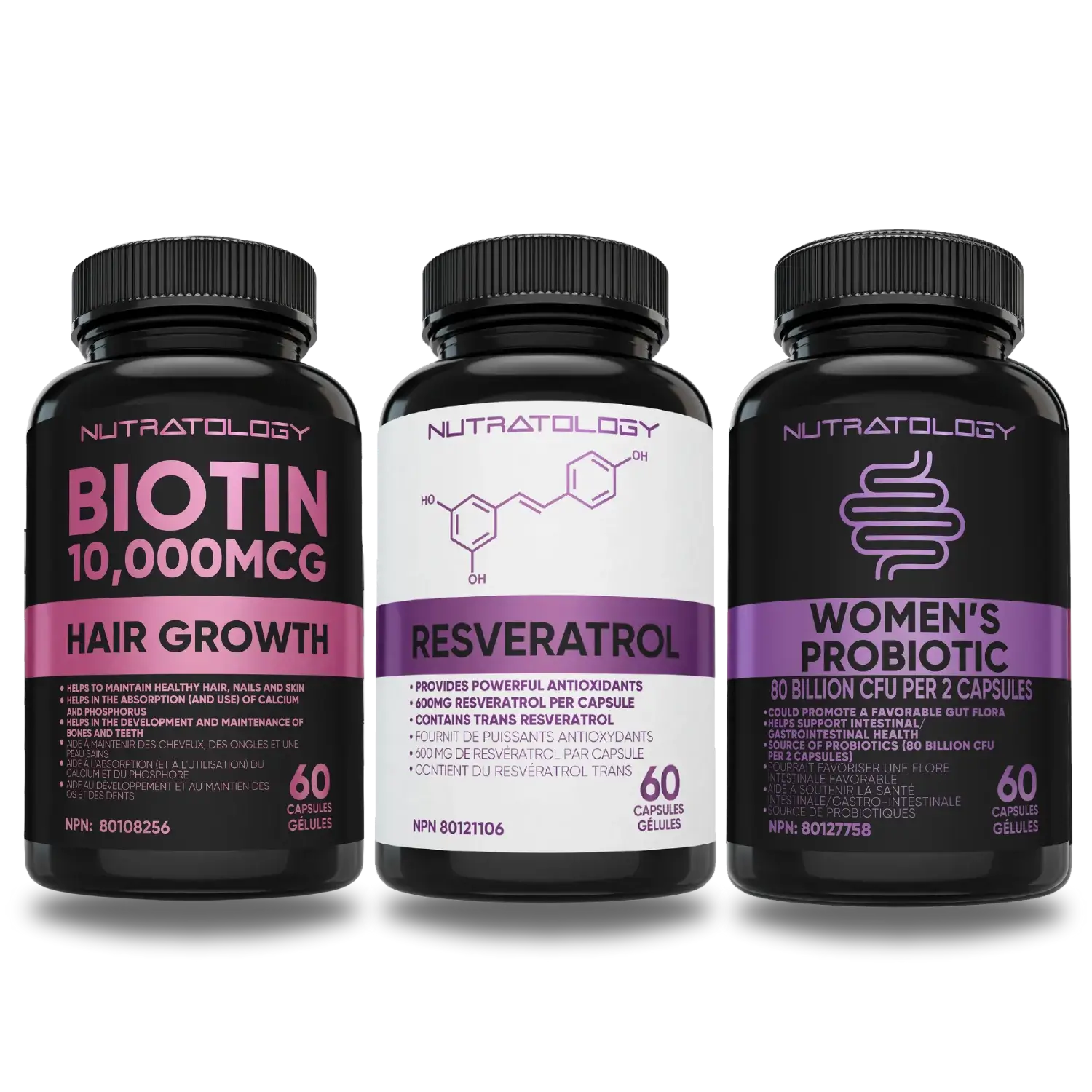 Nutratology Supplement Bundle For Her - Biotin Supplement - Resveratrol Supplement - Women's Probiotic Supplement