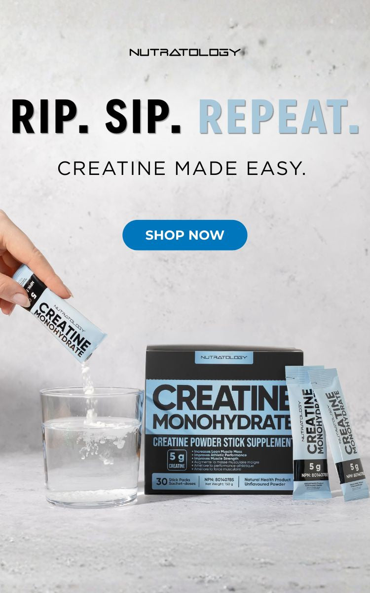 NUTRATOLOGY creatine monohydrate supplement packaging with a hand pouring powder into water on a gray background.