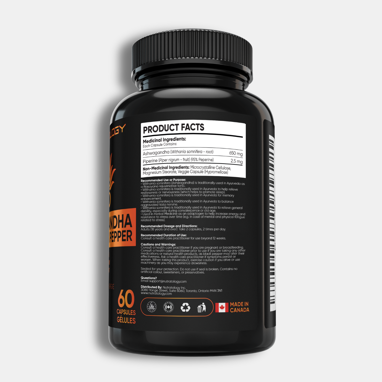 Nutratology Organic Ashwagandha with Black Pepper - 60 Capsules